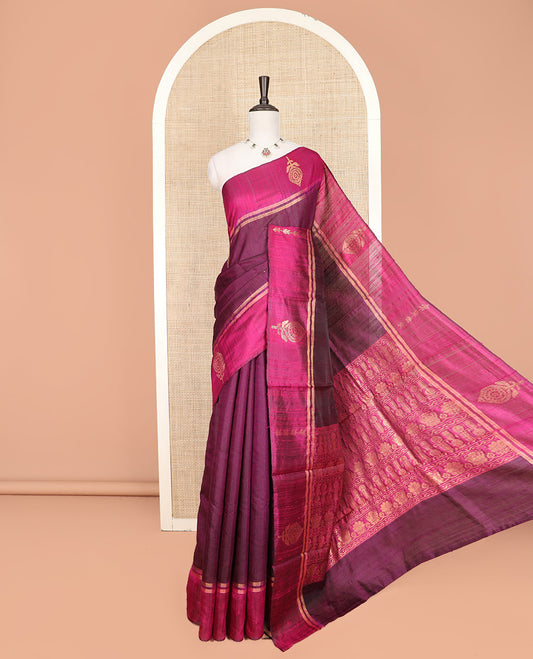 Purple Plain Dupion Silk Saree, Complemented by a Contrast Border of Unique Designs, Pallu Elevated with Intricate Designs, and Paired with a Contrast Blouse