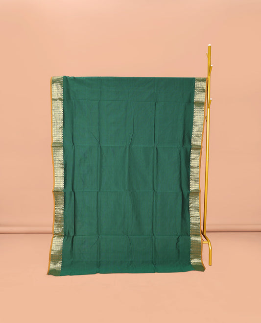 Green Plain Poly Cotton Saree, Complemented by Contrast Traditional Zari Design Border, Contrast Pallu of Stripes, and Paired with a Contrast Blouse