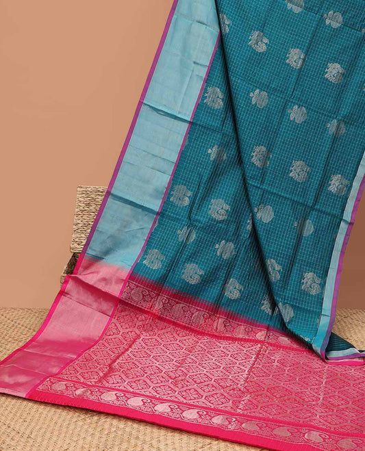 Blue checked & buttas kuppadam saree, plain border & contrast intricately designed pallu