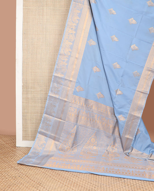 Powder blue floral motifs gift saree with self wedding design border & floral design pallu