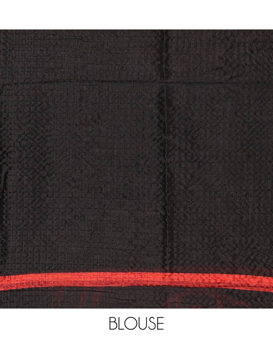Black-base crushed litchi saree features fancy red color floral printed body, printed piping border & pallu