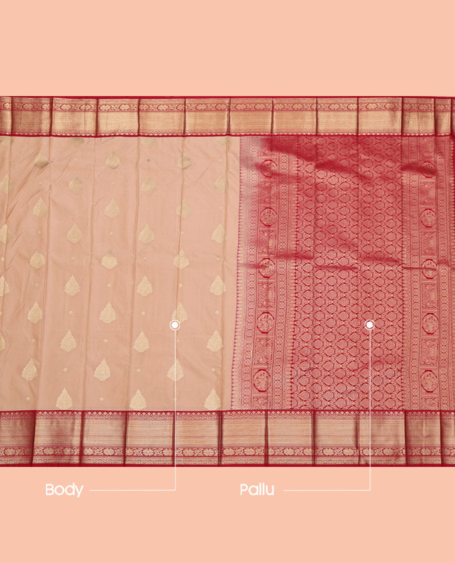 Peach Budget Silk Saree, Delicately Woven with Zari Buttas on Its Body, Complemented by a Contrast Traditional Zari Design Border, Intricately Designed Pallu, and Paired with a Contrast Blouse