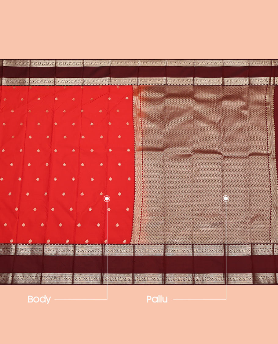 Red Budget Silk Saree, Enthralled with Zari Buttas, Contrast Traditional Zari Rettai Pettu Border, Grand Jaal Pallu, and a Contrast Blouse
