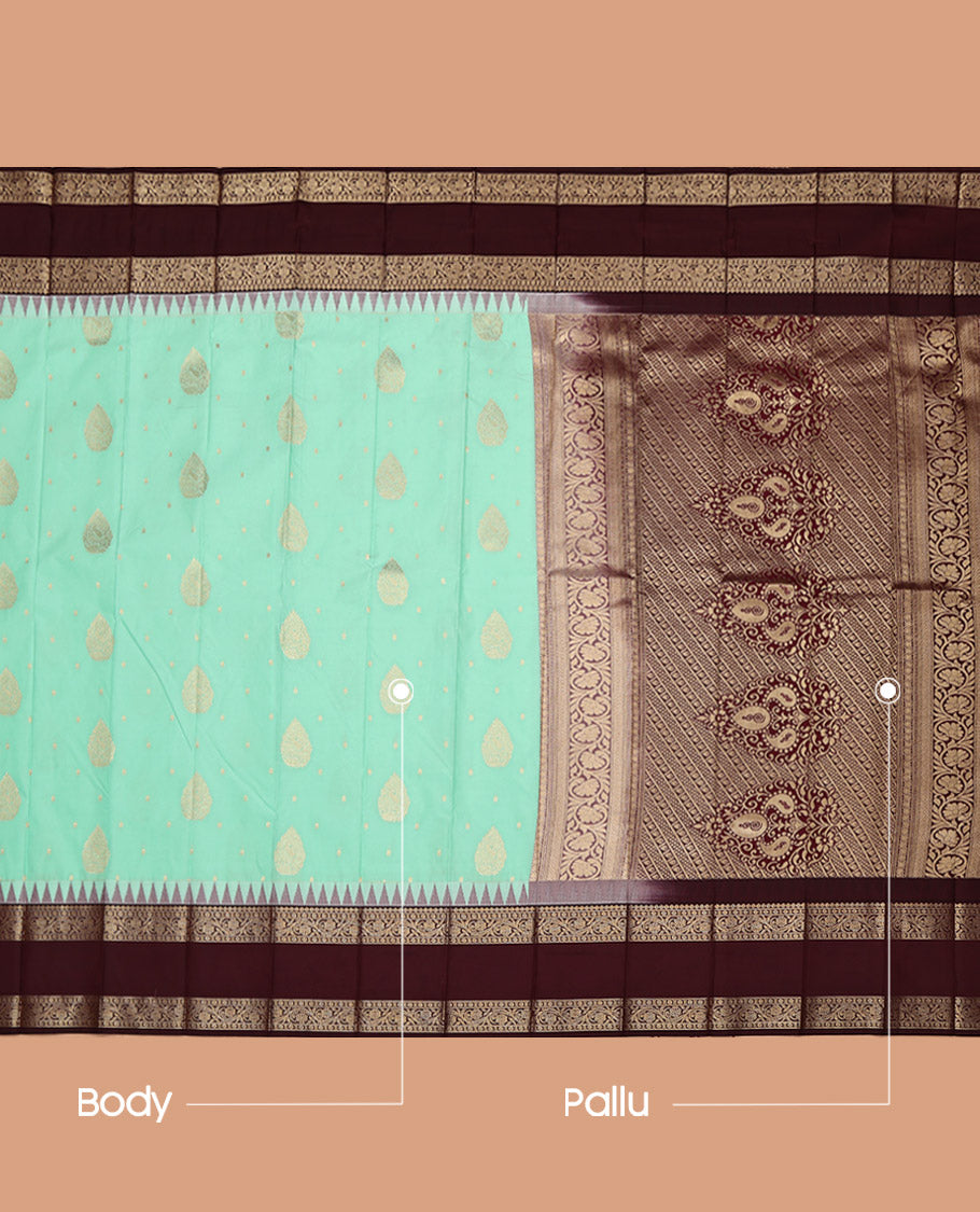 Turquoise Budget Silk Saree, Featuring Zari Buttas on Its Body, Complemented by a Contrast Traditional Zari Design Rettai Pettu Temple Border, Grand Pallu, and Paired with a Contrast Blouse