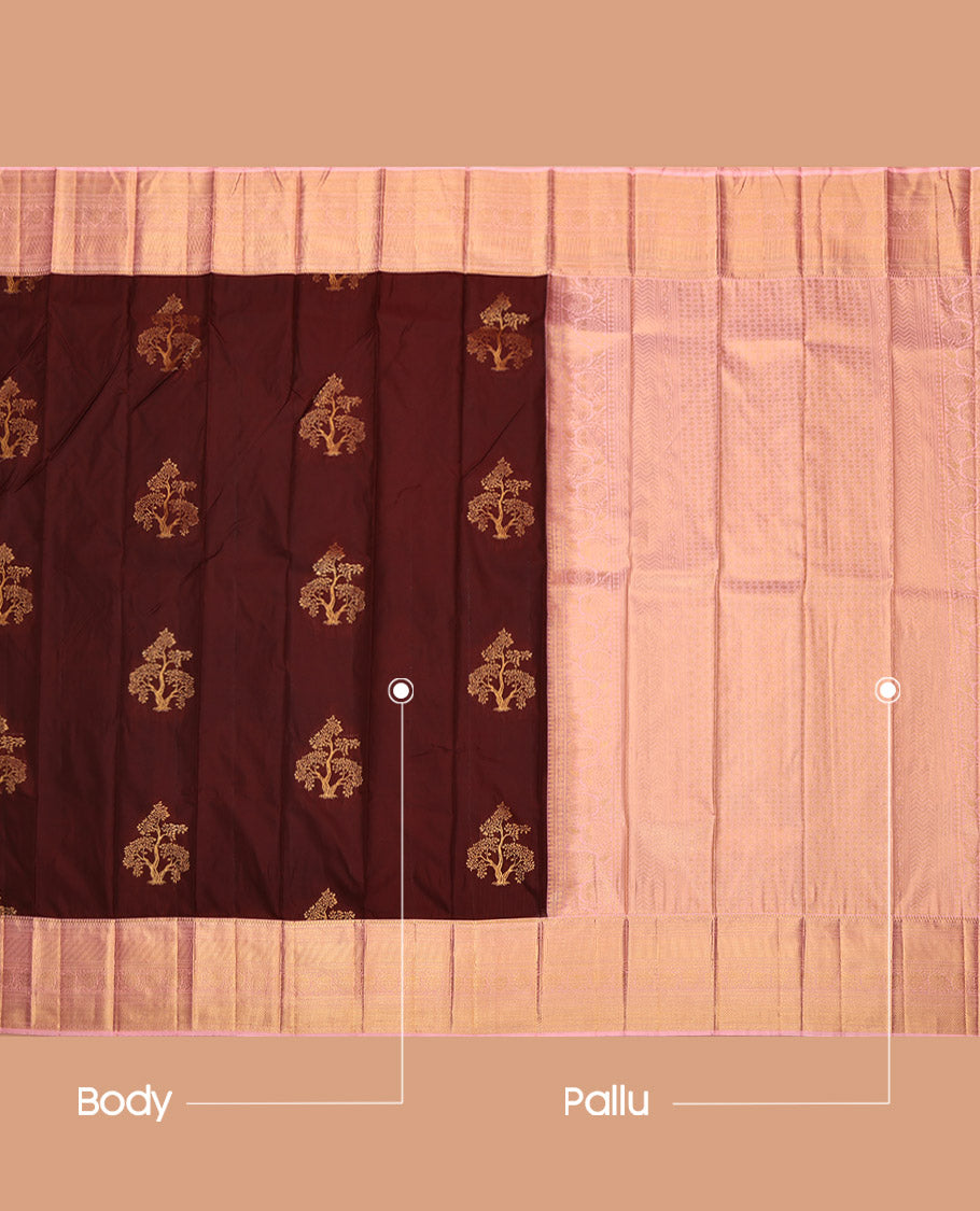 Brown Budget Silk Saree, Decked with Tree Zari Buttas, Complemented by a Contrast Traditional Border, Grand Pallu, and a Contrast Blouse