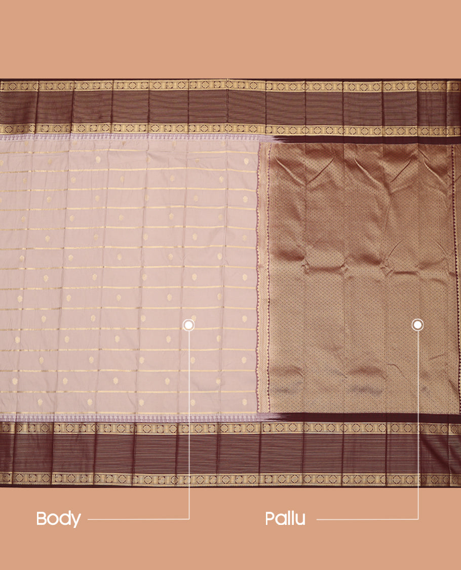 Grey Budget Silk Saree, Embellished with Zari Buttas and Stripes, a Contrast Traditional Zari Border, Grand Pallu, and a Contrast Blouse