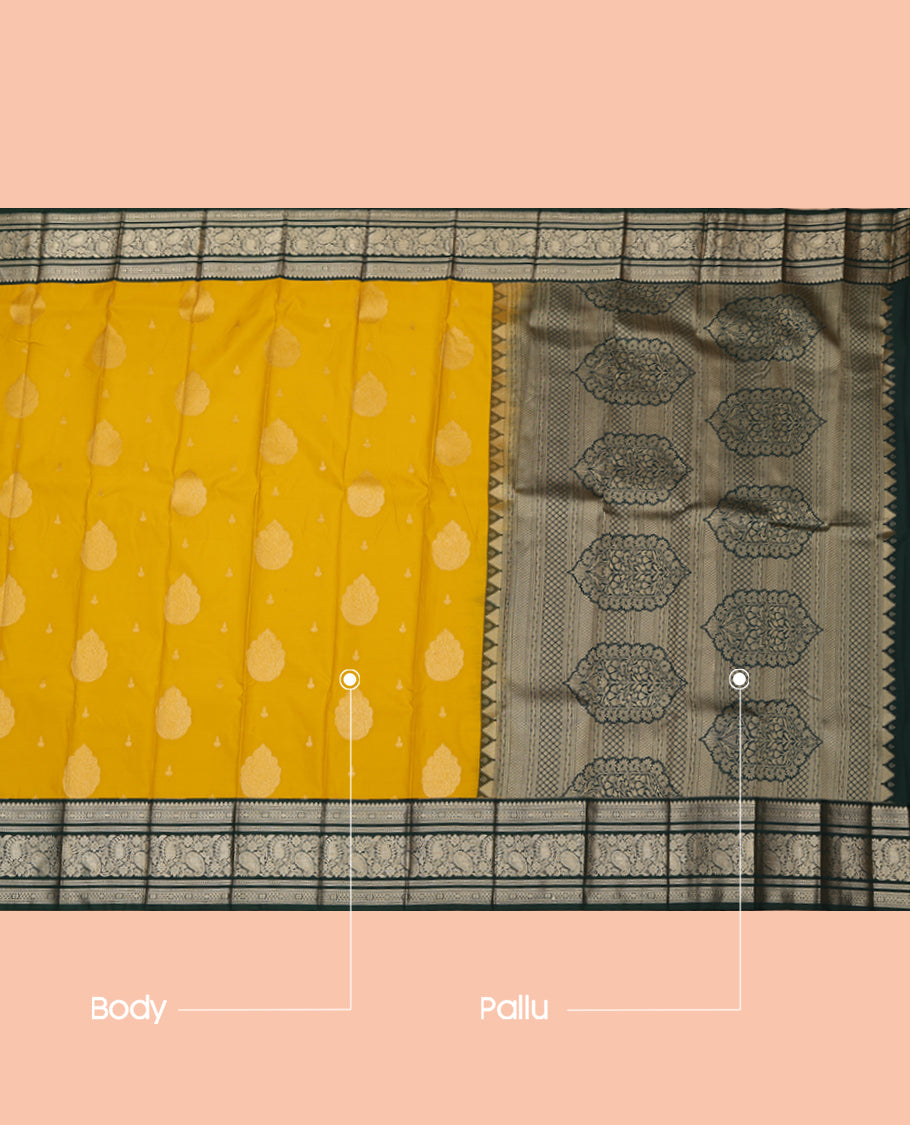 Yellow Budget Silk Saree, Woven with Zari Buttas, a Contrast Traditional Zari Border, Grand Pallu, and a Contrast Blouse