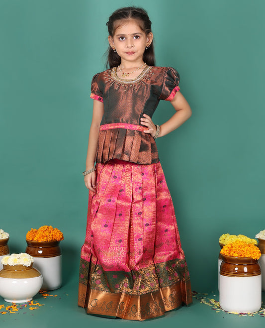 Pink readymade art silk pavadai, jacquard & contrast traditional zari border skirt, & jacquard embroidered puff-sleeve round-neck blouse