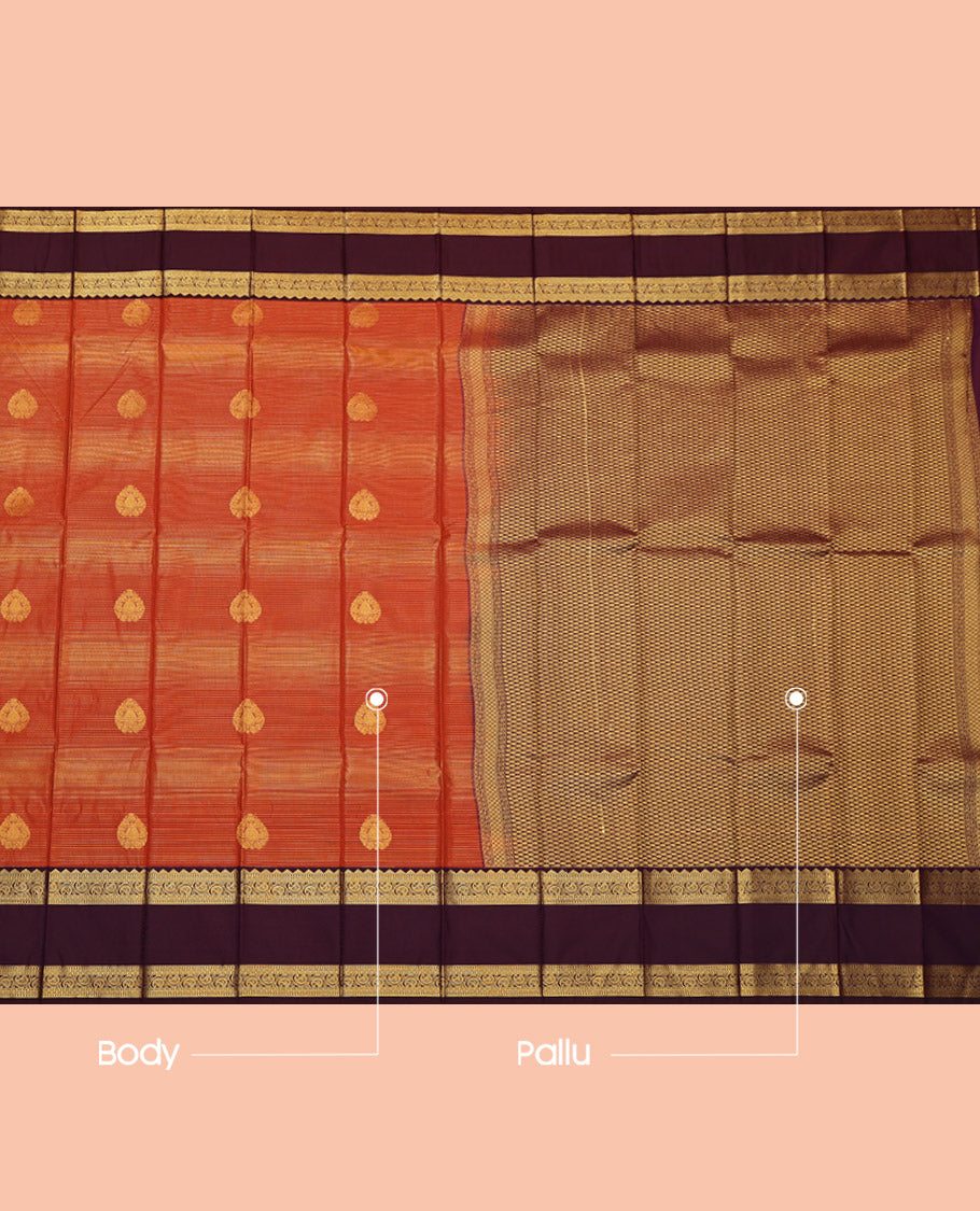 Rust Budget Silk Saree, Bedecked with Zari Buttas and Stripes, Complemented by Contrast Traditional Rettai Pettu Border, Grand Pallu and a Contrast Blouse