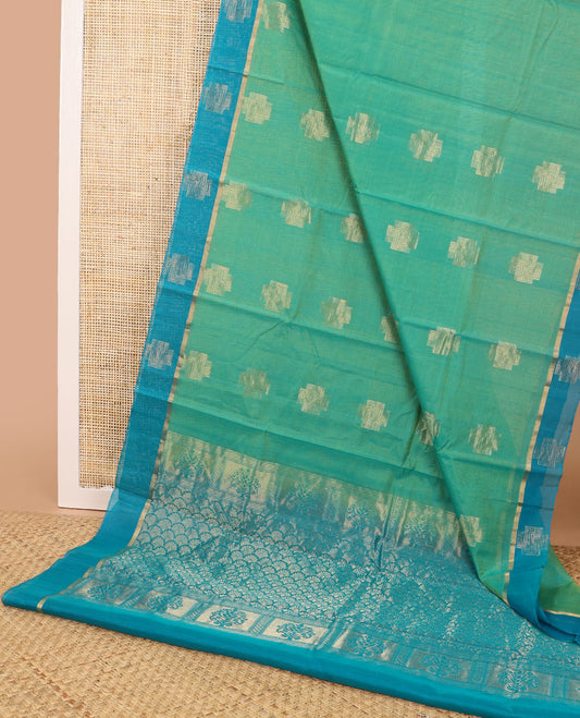 Sea green geometric design silk cotton saree with contrast zari design border & ogee design pallu