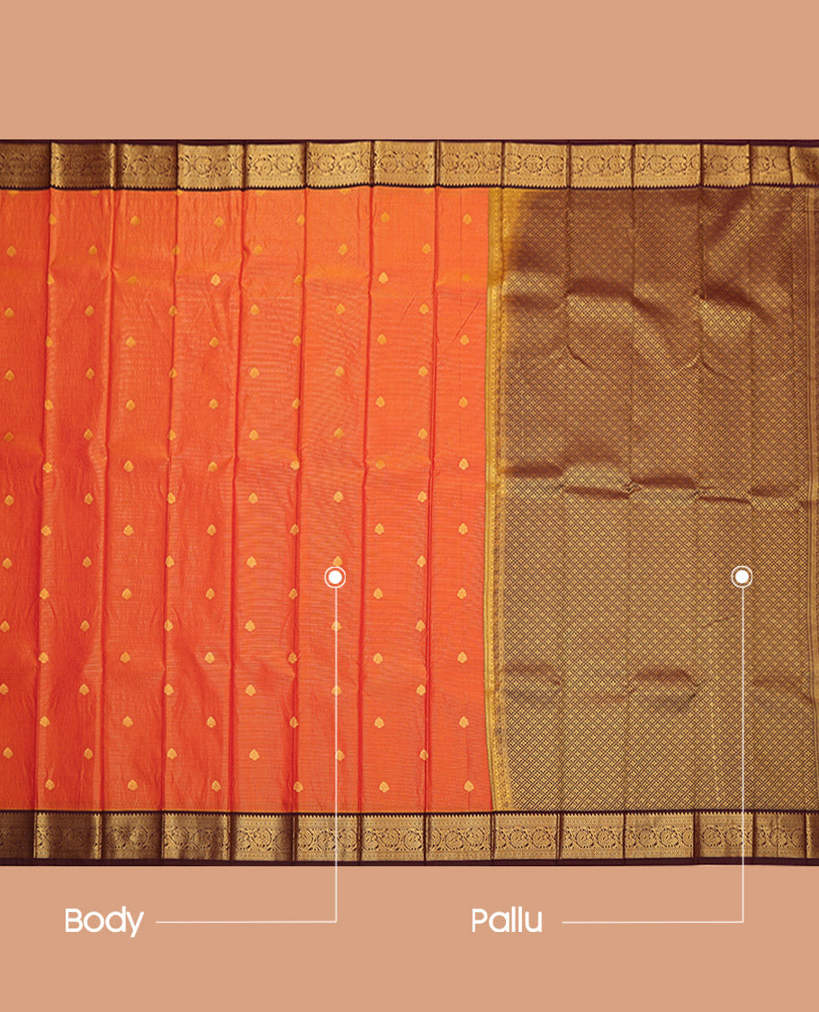 Orange Budget Silk Saree, Graced with Zari Buttas and Stripes, Captivating Contrast Traditional Zari Design Border, Pallu of Jaal Design, and a Contrast Blouse