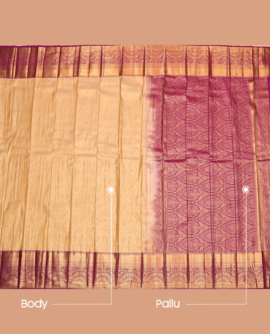 Sandal Budget Silk Saree, Woven with Jacquard, Complemented by Contrast Traditional Zari Border, Grand Pallu, and Contrast Blouse