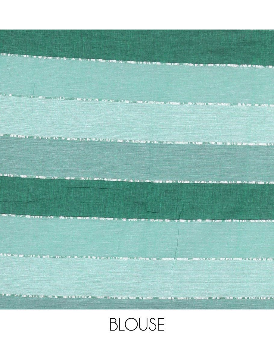 Light green ombre-colored striped khadi mul cotton saree, zari piping border, striped pallu, and a matching striped blouse