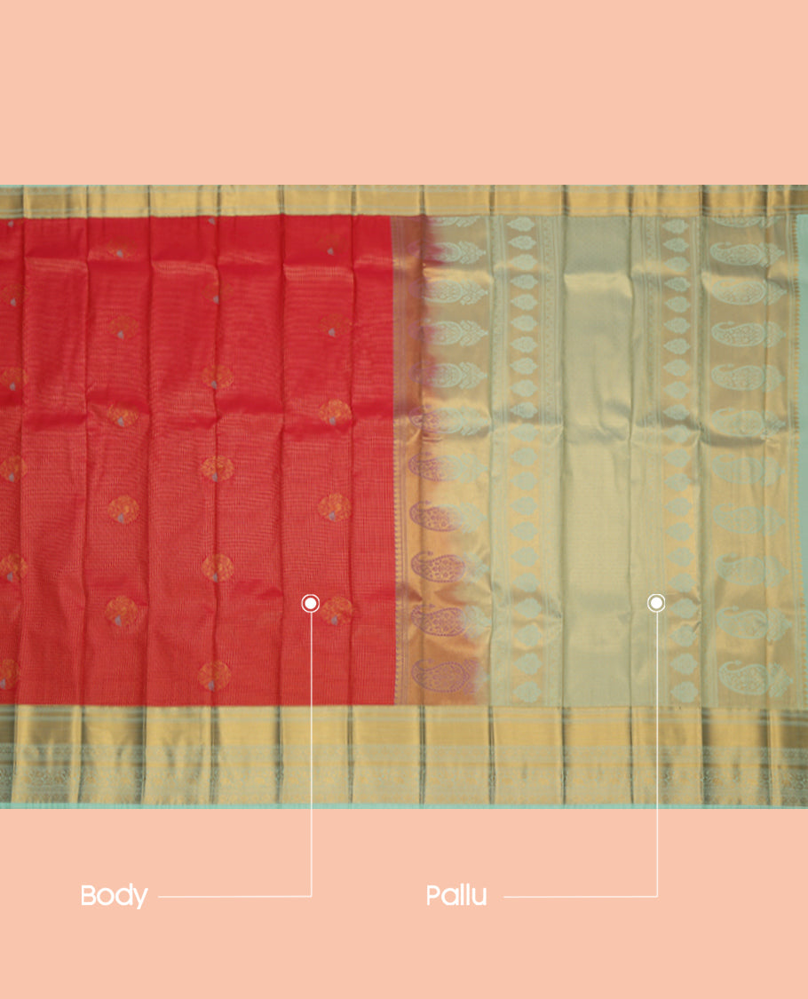 Red Budget Silk Saree, Ornamented with Peacock Buttas and Checks, a Contrast Traditional Zari Border, an Intricate Pallu and a Contrast Blouse