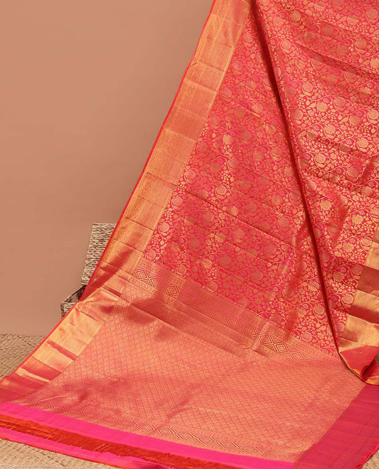 Pink floral zari design kancheepuram silk saree with contrast border of sombu, muthu, kuyil kann design & zari design pallu