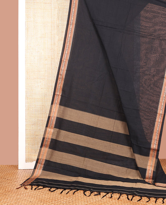 Black Plain Narayanpet Cotton Saree, Complemented by a Temple Thread Woven Border of Elephant and Peacock Designs, Subtly Striped Pallu, and Paired with a Matching Blouse