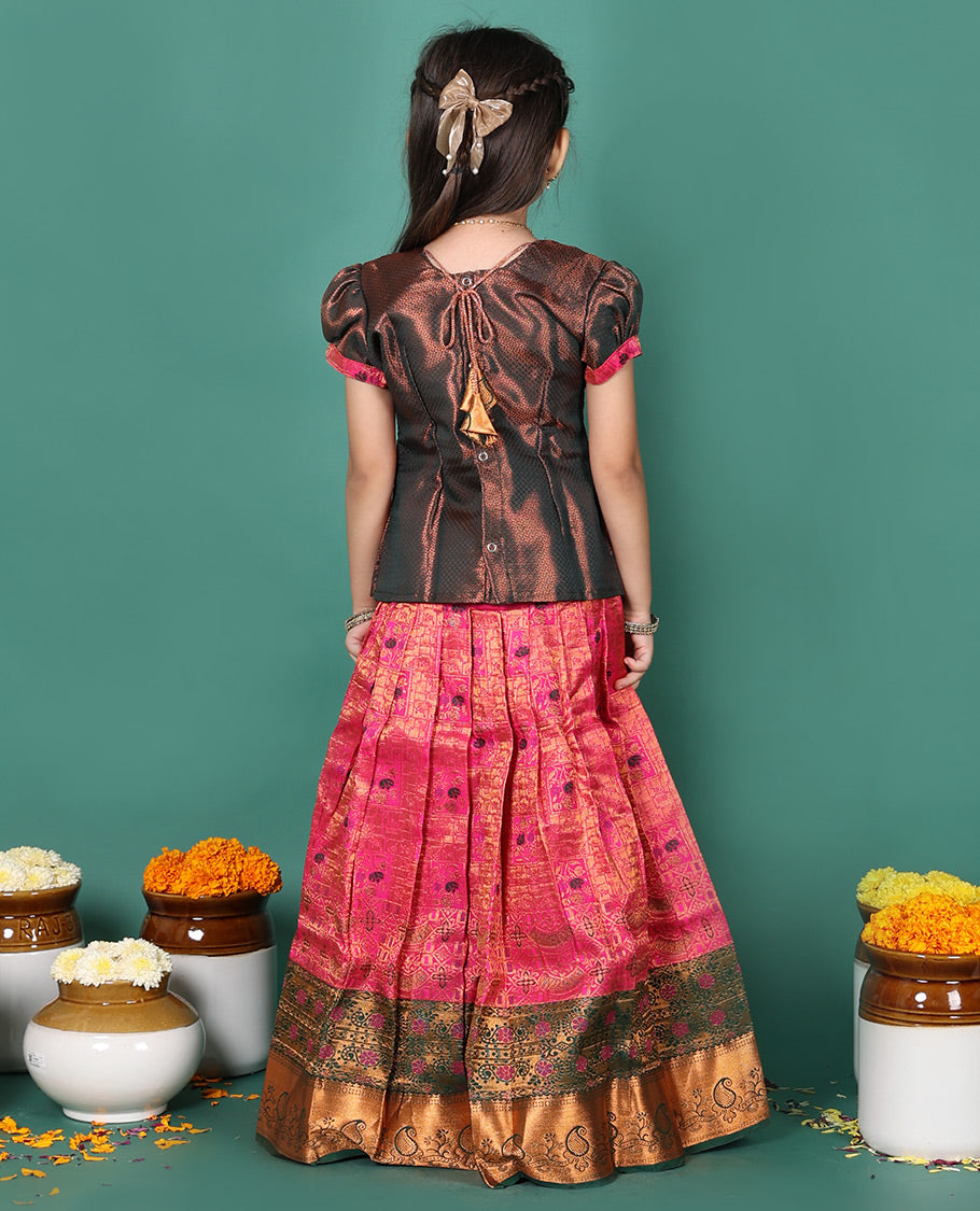 Pink readymade art silk pavadai, jacquard & contrast traditional zari border skirt, & jacquard embroidered puff-sleeve round-neck blouse