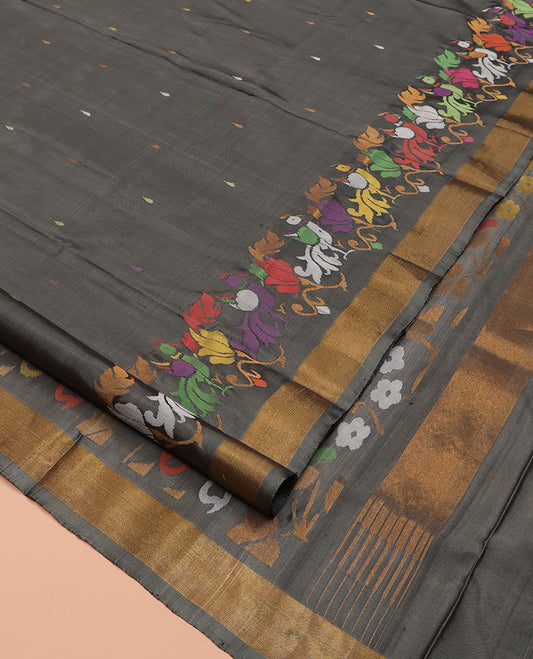 Elephant Grey Uppada Silk Saree, Steeped with Meena Buttas and Floral-Bird Meena Design All Over Its Body, Subtle Bavanji Border, Pallu of Meena Floral Designs, and Paired with a Matching Blouse