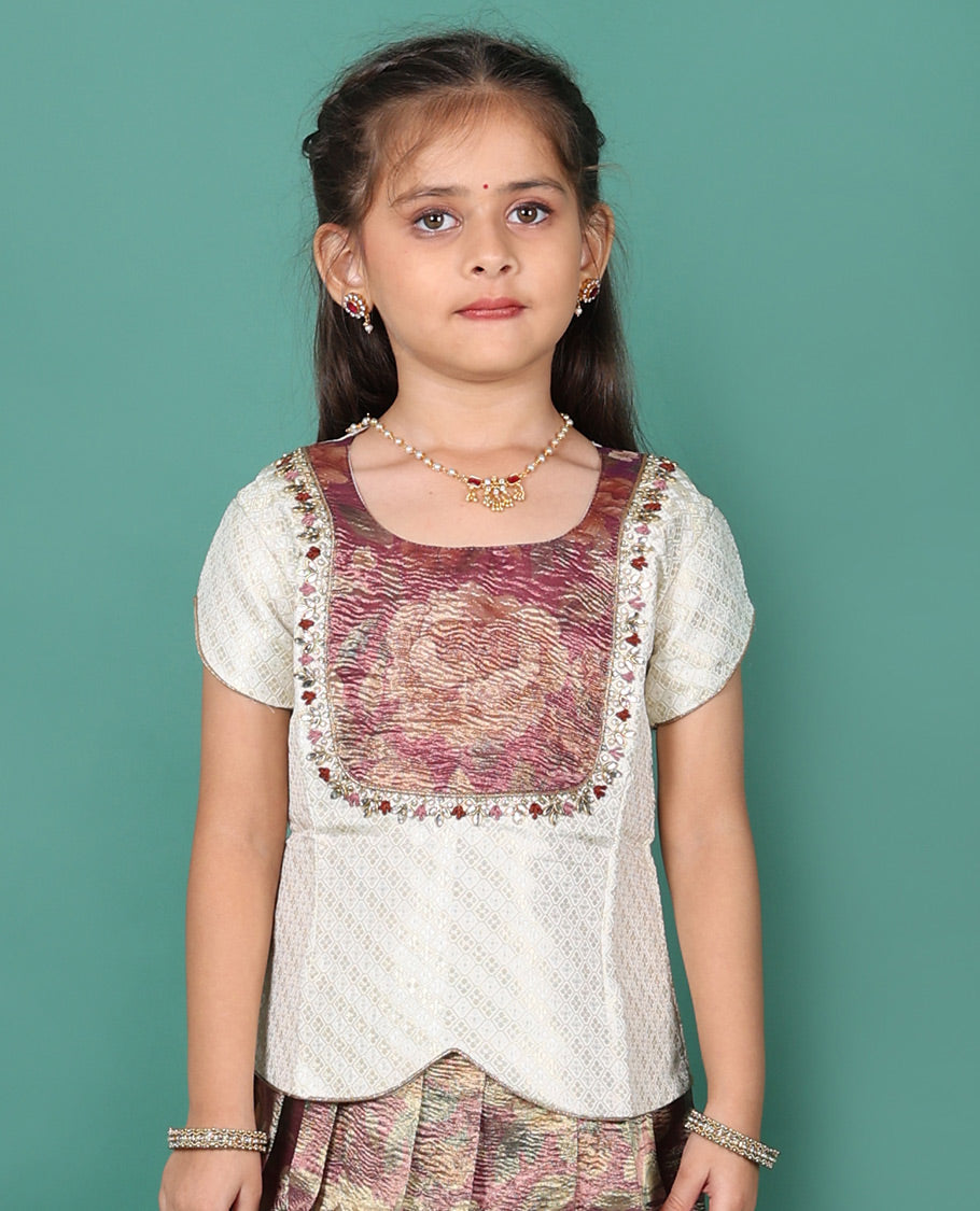 Brown readymade art silk pavadai, floral printed & contrast zari border skirt, & zari buttas half-sleeve round-neck blouse