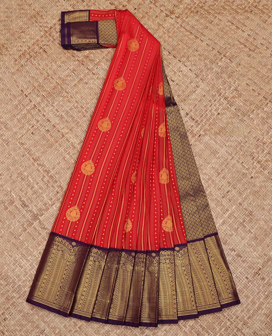Red Budget Silk Saree, Woven with Zari Buttas on Its Body, Complemented by a Contrast Geometric Zari Design Border, Grand Jaal Pallu, and Paired with a Contrast Blouse