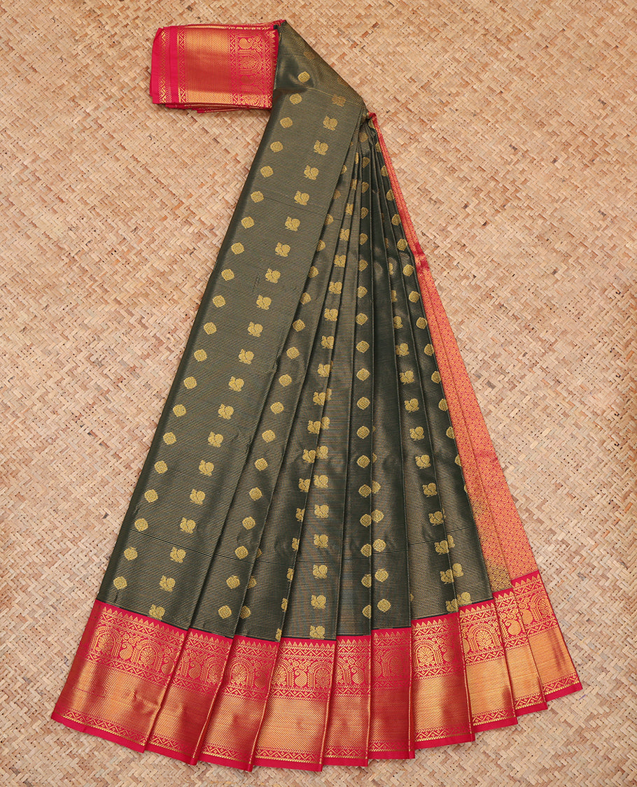 Green Budget Silk Saree, Decked Up with Mayil-Chakram Buttas and Stripes, a Contrast Traditional Zari Border, Grand Pallu, and a Contrast Blouse
