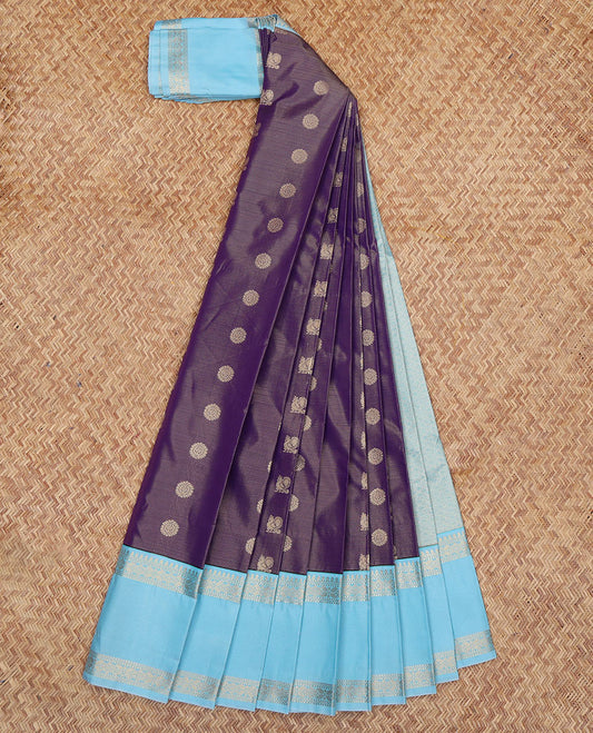 Violet Budget Silk Saree, Mesmerized with Peacock-Chakram Buttas and Stripes, a Contrast Traditional Zari Rettai Pettu Border, Grand Pallu, and a Contrast Blouse