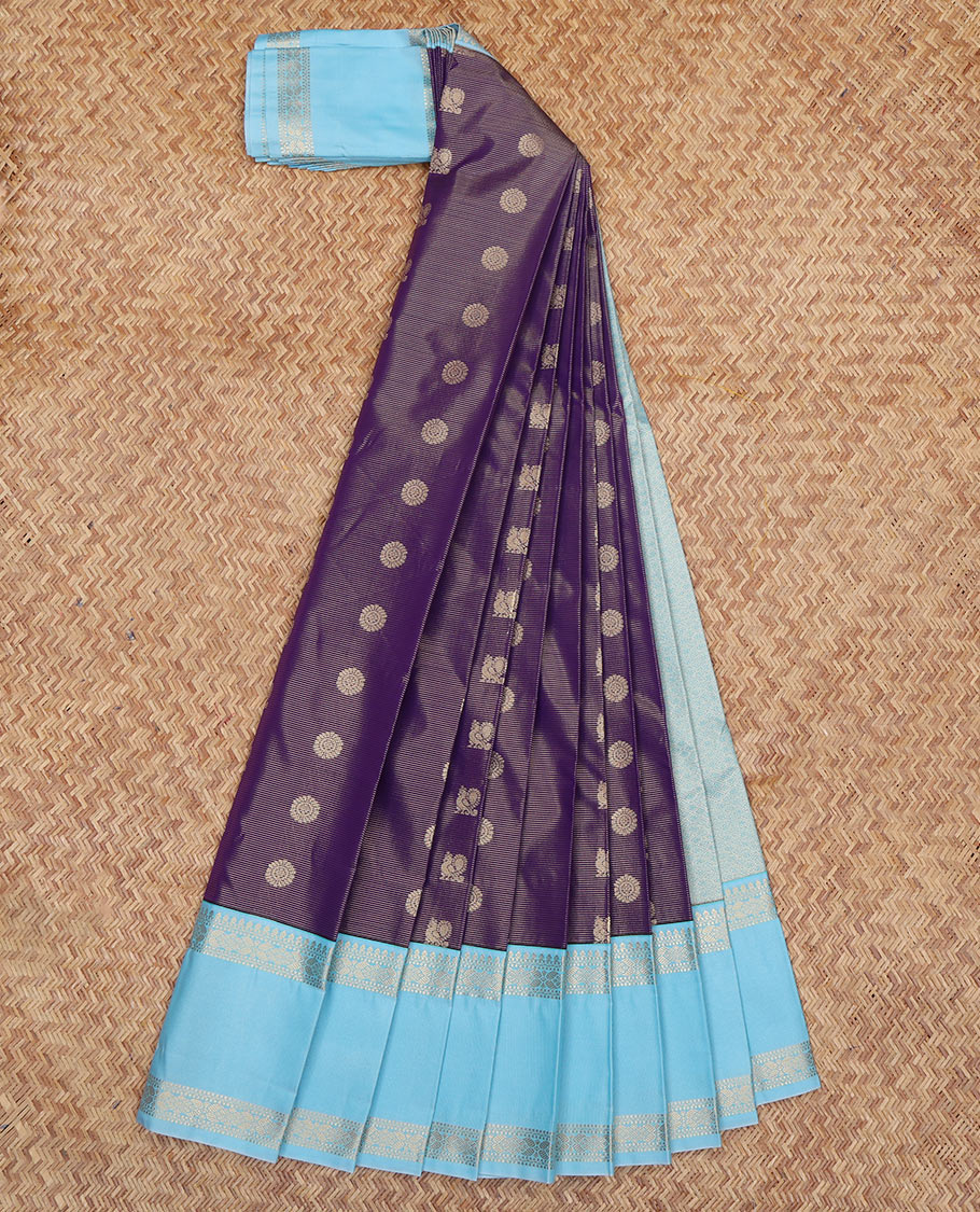 Violet Budget Silk Saree, Mesmerized with Peacock-Chakram Buttas and Stripes, a Contrast Traditional Zari Rettai Pettu Border, Grand Pallu, and a Contrast Blouse
