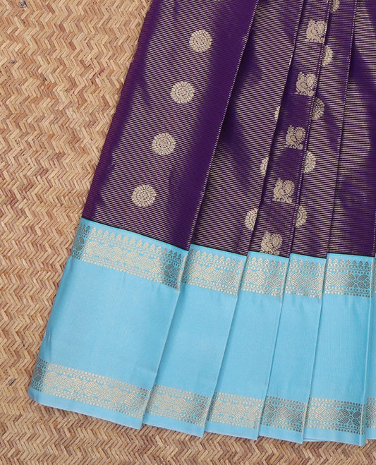 Violet Budget Silk Saree, Mesmerized with Peacock-Chakram Buttas and Stripes, a Contrast Traditional Zari Rettai Pettu Border, Grand Pallu, and a Contrast Blouse