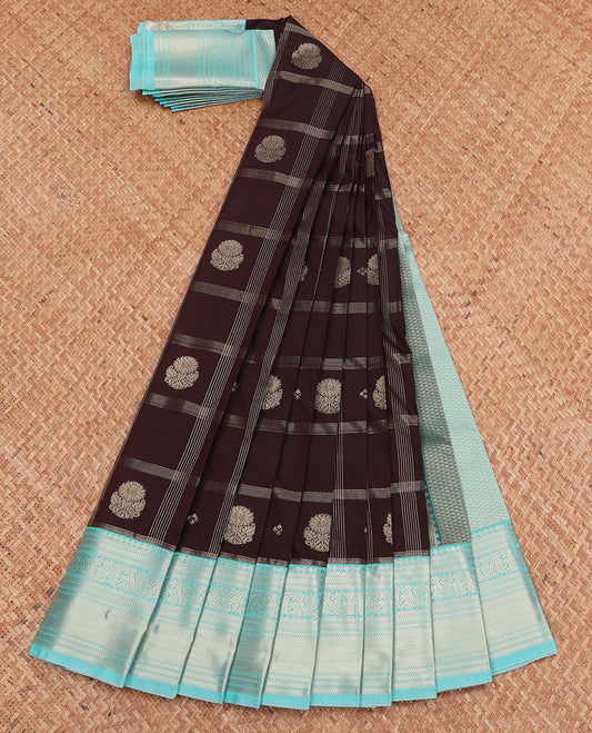Brown Budget Silk Saree, Woven with Zari Butta Enclosed Checks, Complemented by a Contrast Traditional Zari Border, Grand Pallu, and Contrast Blouse