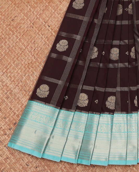 Brown Budget Silk Saree, Woven with Zari Butta Enclosed Checks, Complemented by a Contrast Traditional Zari Border, Grand Pallu, and Contrast Blouse