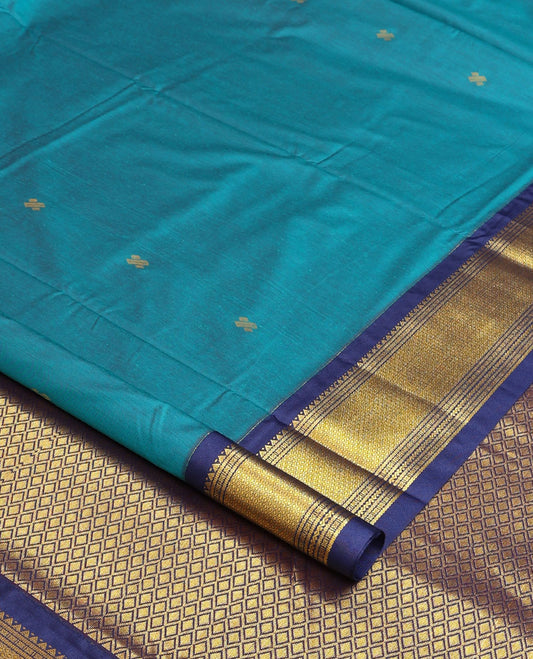 Blue buttas nine-yard cotton saree, contrast traditional design border, and jaal pallu