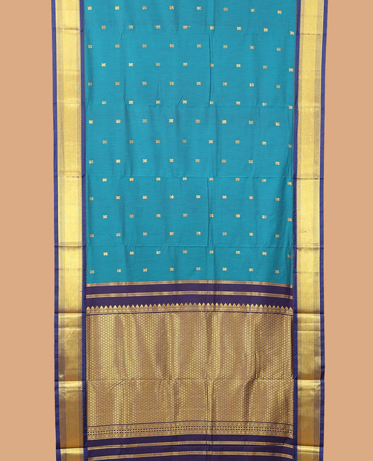 Blue buttas nine-yard cotton saree, contrast traditional design border, and jaal pallu