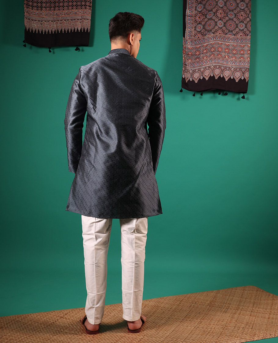 Dark grey texture embossed full-sleeved men's kurta