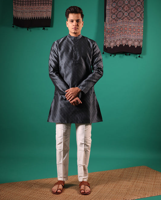 Dark grey texture embossed full-sleeved men's kurta