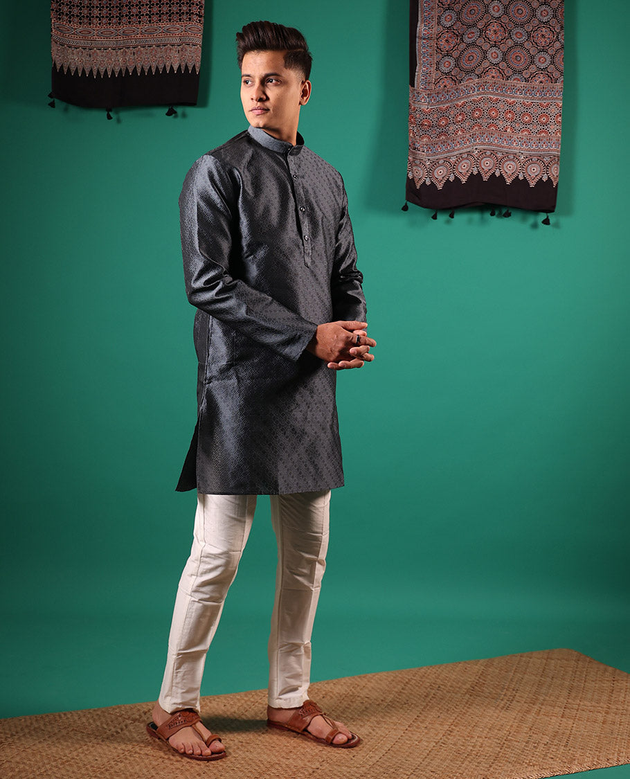Dark grey texture embossed full-sleeved men's kurta