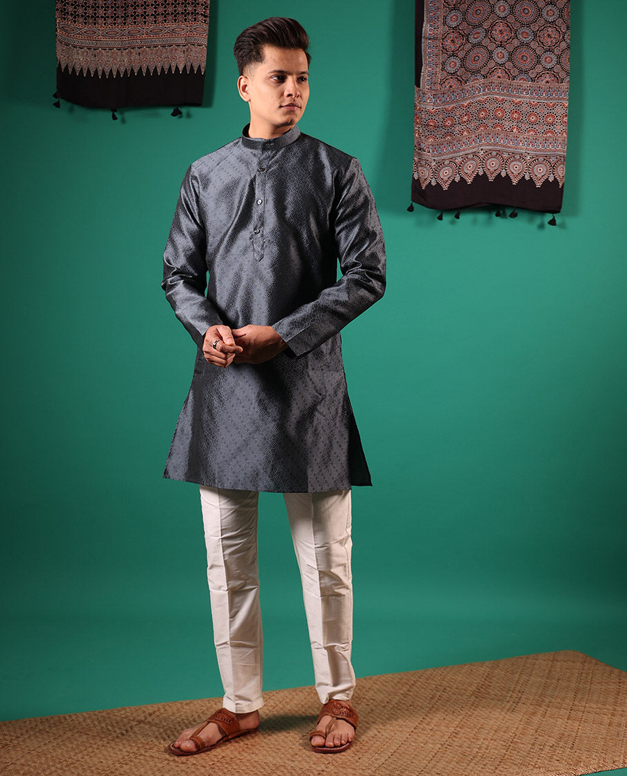 Dark grey texture embossed full-sleeved men's kurta
