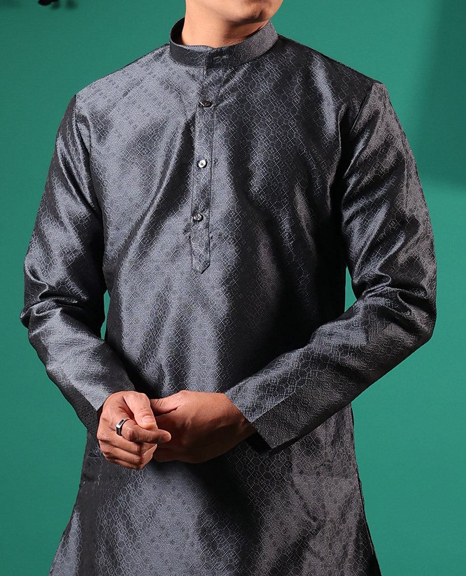 Dark grey texture embossed full-sleeved men's kurta