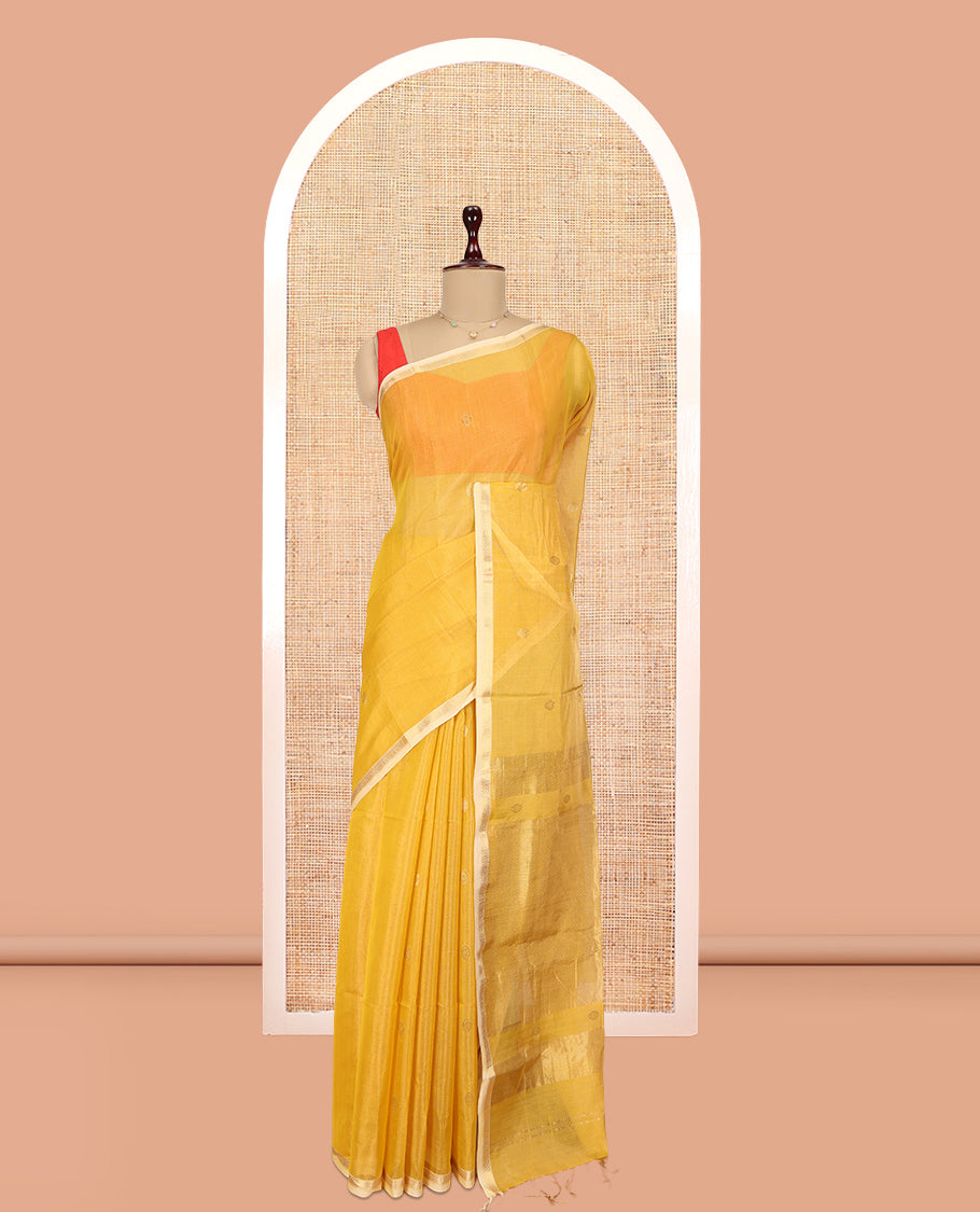Yellow Maheshwari Cotton Saree, Subtly Woven with Zari Buttas, a Contrast Piping Zari Border, Pallu of Zari Design, and a Matching Blouse