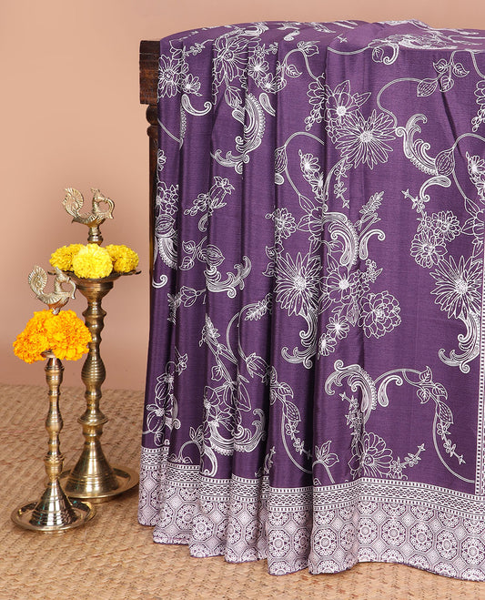 Purple printed turkey crepe sare with printed border & printed pallu along with printed blouse