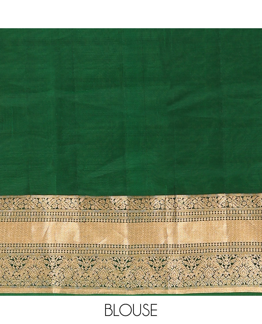 Green Vasundhara Lite Silk Mix Saree, Elevated with Zari Buttas, Complemented by a Contrast Border of Muthuy, Kodi Visiry, Mayil, and Yaanai Designs, Pallu of Floral Designs, and Paired with a Contrast Blouse