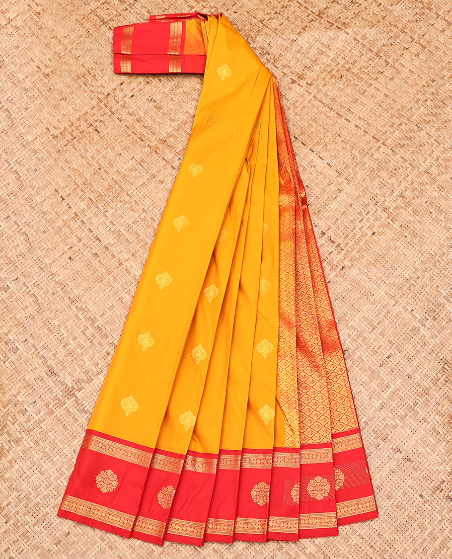 Yellow Budget Silk Saree, Sparsely Threaded with Zari Buttas, Complemented by a Contrast Traditional Zari Design Border, Ogee-Patterned Pallu, and Paired with a Contrast Blouse