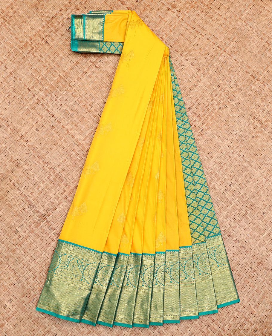 Yellow Budget Silk Saree, Sparsely Woven with Buttas All Over Its Body, Complemented by a Contrast Traditional Zari Design Border, Grand Pallu, and Paired with a Contrast Blouse