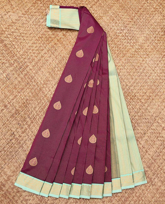 Wine Budget Silk Saree, Crafted with Zari Buttas and Stripes, Complemented by a Contrast Traditional Zari Border, Grand Pallu, and a Contrast Blouse