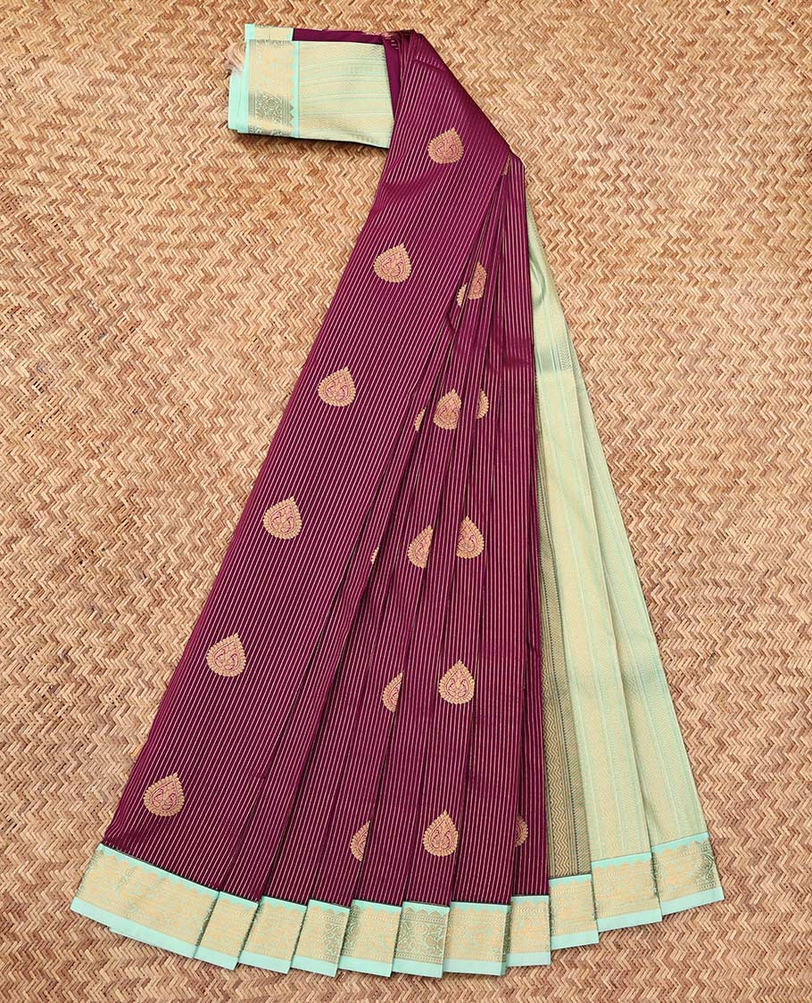 Wine Budget Silk Saree, Crafted with Zari Buttas and Stripes, Complemented by a Contrast Traditional Zari Border, Grand Pallu, and a Contrast Blouse