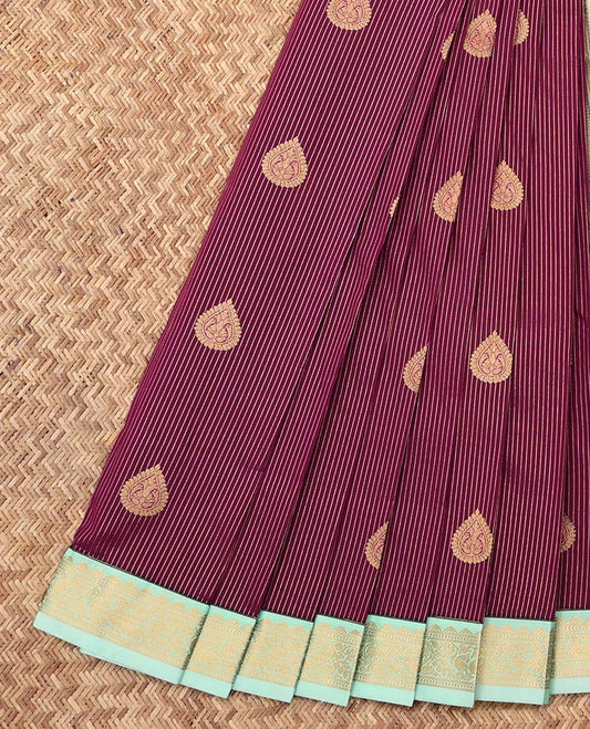 Wine Budget Silk Saree, Crafted with Zari Buttas and Stripes, Complemented by a Contrast Traditional Zari Border, Grand Pallu, and a Contrast Blouse