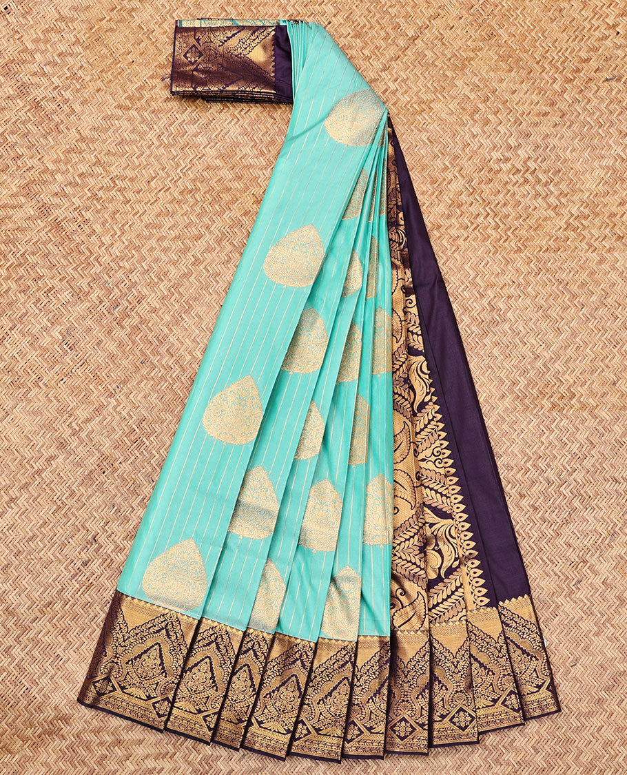 Blue Budget Silk Saree, Decked Up with Zari Buttas and Stripes, Complemented by Contrast Traditional Zari Border, a Grand Pallu and a Contrast Blouse