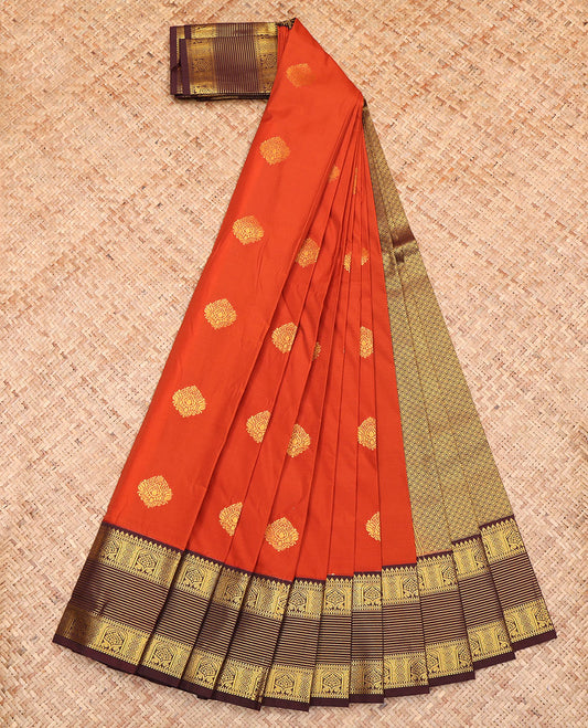 Rust Budget Silk Saree, Bedecked with Zari Buttas All Over Its Body, Complemented by a Contrast Traditional Zari Design Border, a Grand Jaal Pallu, and Paired with a Contrast Blouse