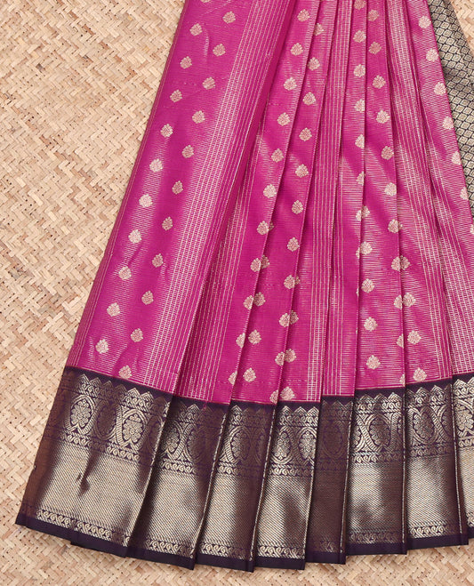 Magenta Budget Silk Saree, Decorated with Zari Buttas and Stripes on Its Body, Complemented by a Contrast Traditional Zari Design Border, Grand Jaal Pallu, and Paired with a Contrast Blouse