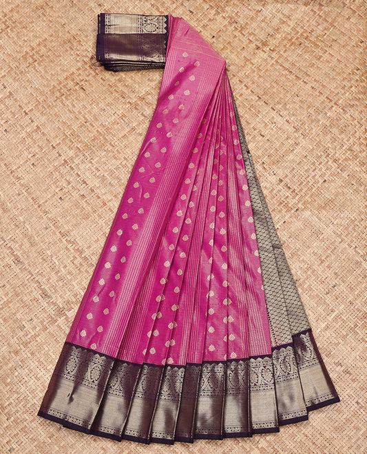 Magenta Budget Silk Saree, Decorated with Zari Buttas and Stripes on Its Body, Complemented by a Contrast Traditional Zari Design Border, Grand Jaal Pallu, and Paired with a Contrast Blouse