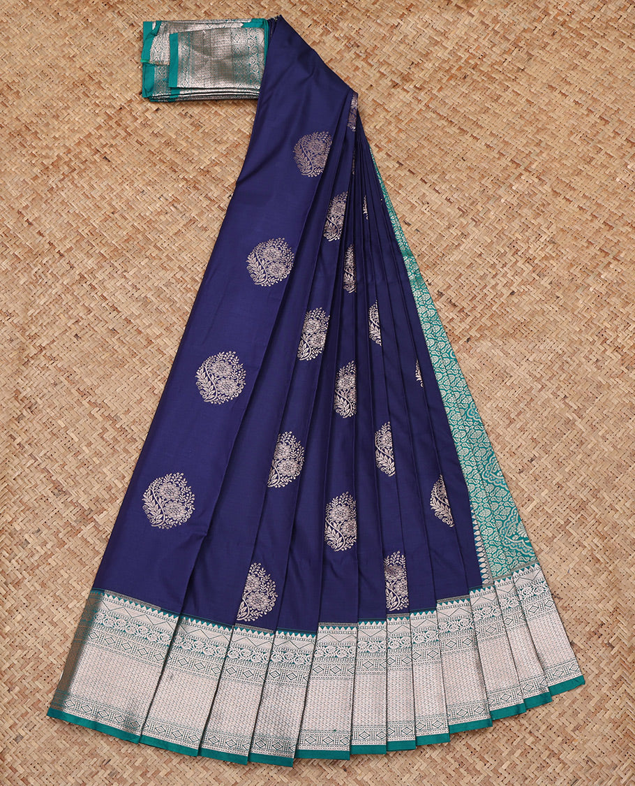 Navy Blue Budget Silk Saree, Crafted with Zari Buttas All Over Its Body, Complemented by a Contrast Traditional Zari Design Border, Intricate Pallu, and Paired with a Contrast Blouse